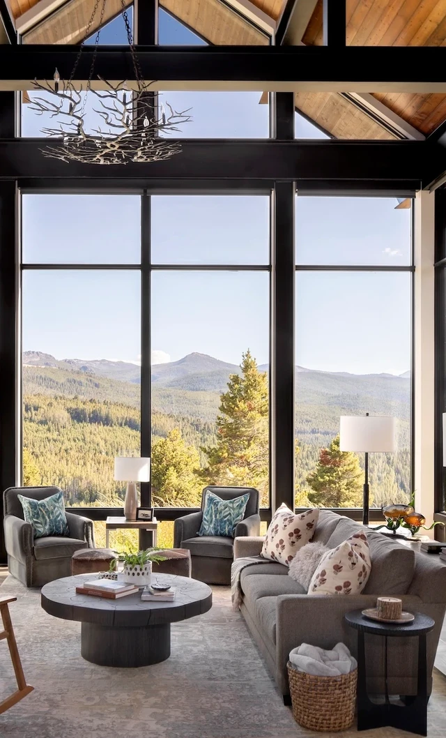 Tate Interiors Montana Interior Design Pintler Shadows Great Room Stone Fireplace Mountain View