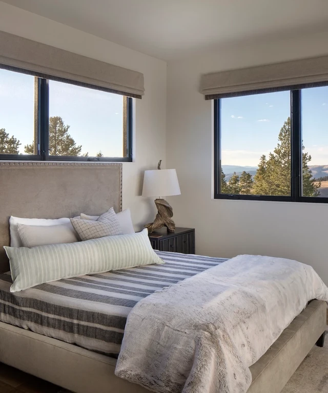 Tate Interiors Montana Interior Design Pintler Shadows Guest Bedroom Corner Windows Mountain View