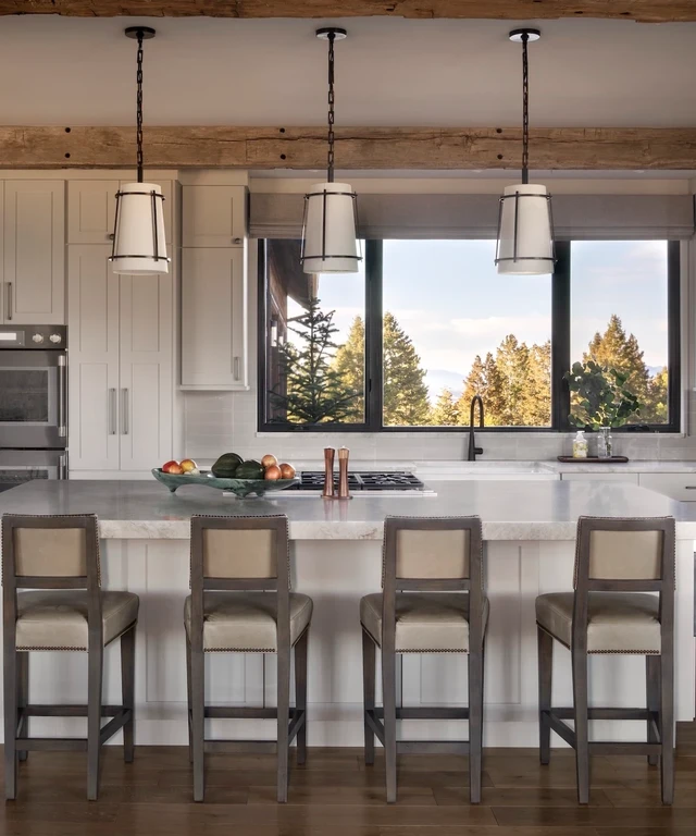 Tate Interiors Montana Interior Design Pintler Shadows Kitchen Island White Cabinets Timber Beams