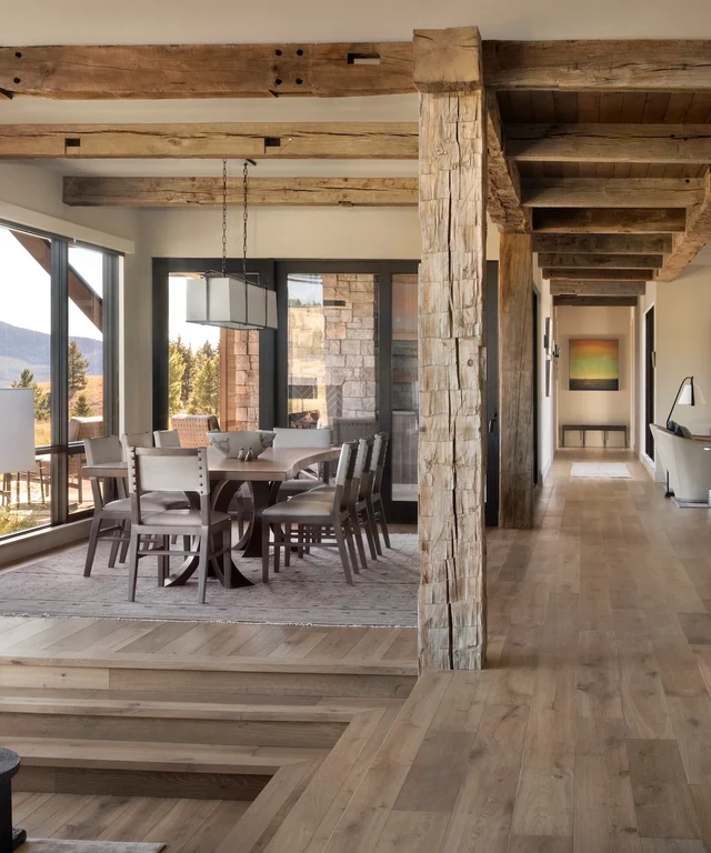 Tate Interiors Montana Interior Design Pintler Shadows Open Plan Living Dining Timber Beams