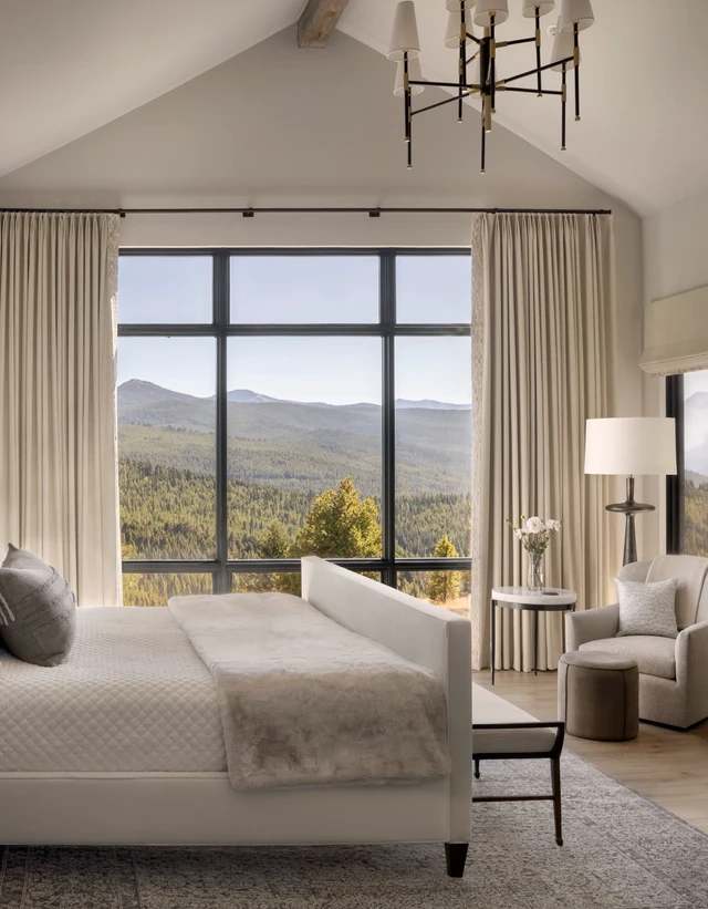 Tate Interiors Montana Interior Design Pintler Shadows Primary Bedroom Mountain View Vaulted Ceiling