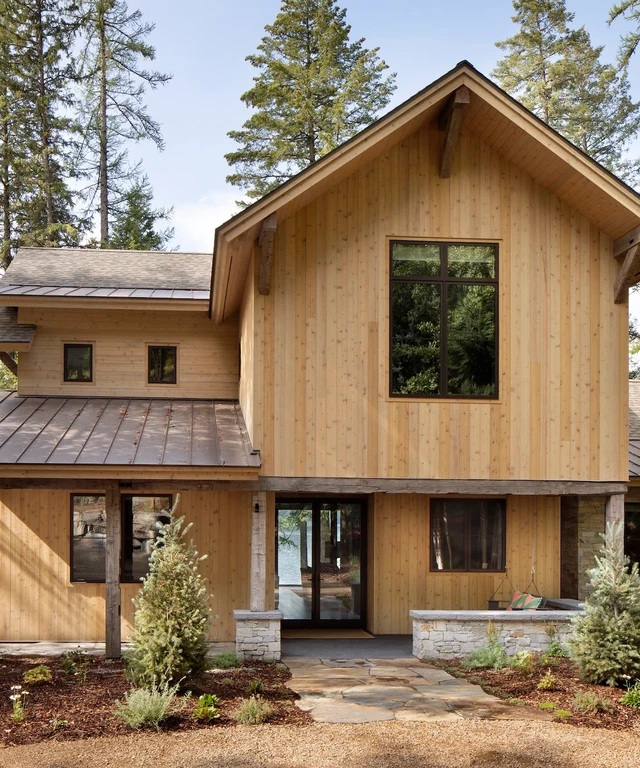 Tate Interiors Montana Interior Design Sisters Cabin Front Exterior Wood Siding Metal Roof