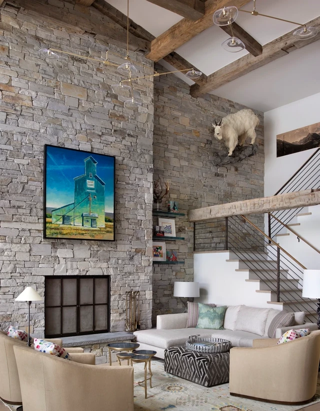 Tate Interiors Montana Interior Design Sisters Cabin Great Room Stone Fireplace Two Story Loft