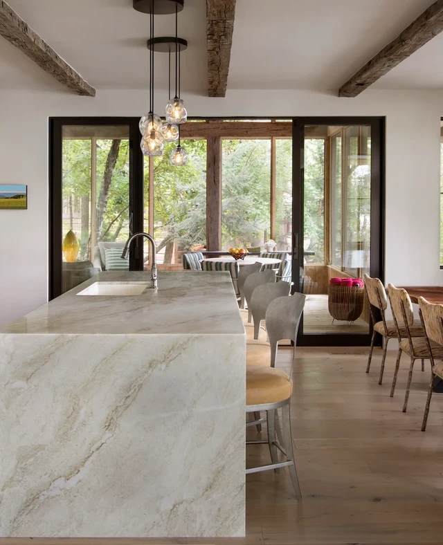 Tate Interiors Montana Interior Design Sisters Cabin Kitchen Marble Island Open To Dining
