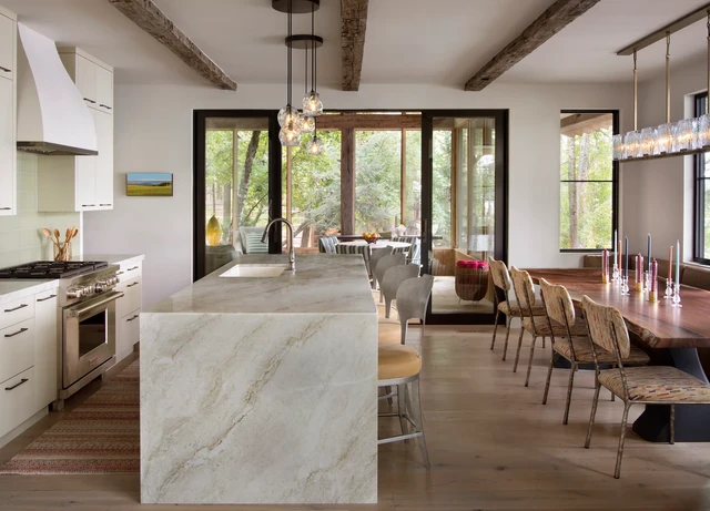 Tate Interiors Montana Interior Design Sisters Cabin Kitchen Marble Island Open To Dining