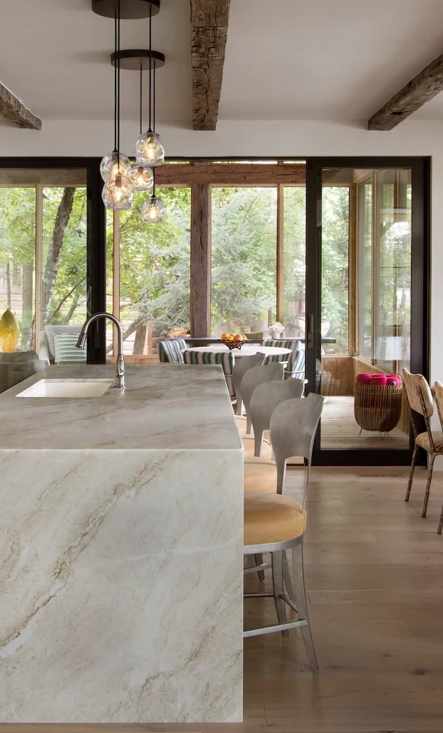 Tate Interiors Montana Interior Design Sisters Cabin Kitchen Marble Island Open To Dining