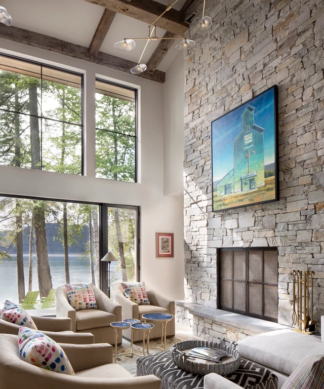 Tate Interiors Montana Interior Design Sisters Cabin Living Room Stone Fireplace Lake View