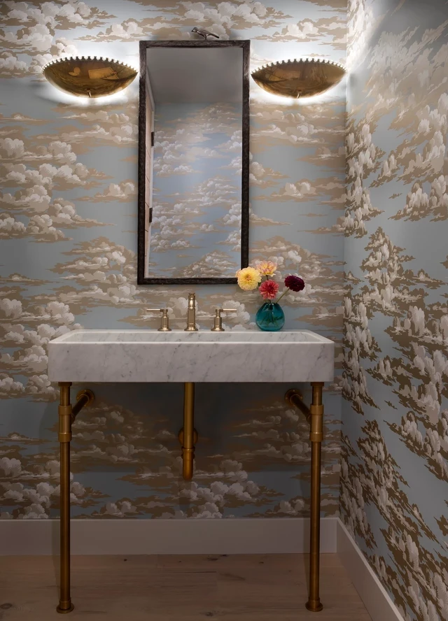 Tate Interiors Montana Interior Design Sisters Cabin Powder Room Cloud Wallpaper Marble Sink