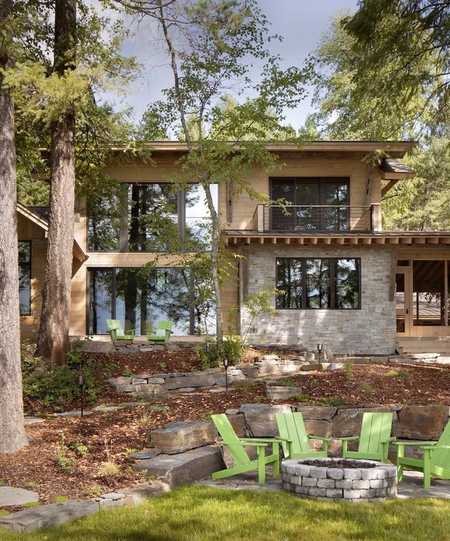 Tate Interiors Montana Interior Design Sisters Cabin Rear Exterior Fire Pit Lakeside