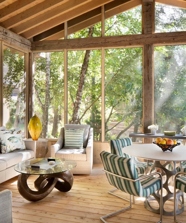 Tate Interiors Montana Interior Design Sisters Cabin Sunroom Screened Porch Dining Seating
