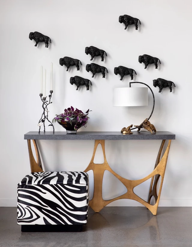 Tate Interiors Montana Interior Design Whitefish Showroom Console Buffalo Wall Art