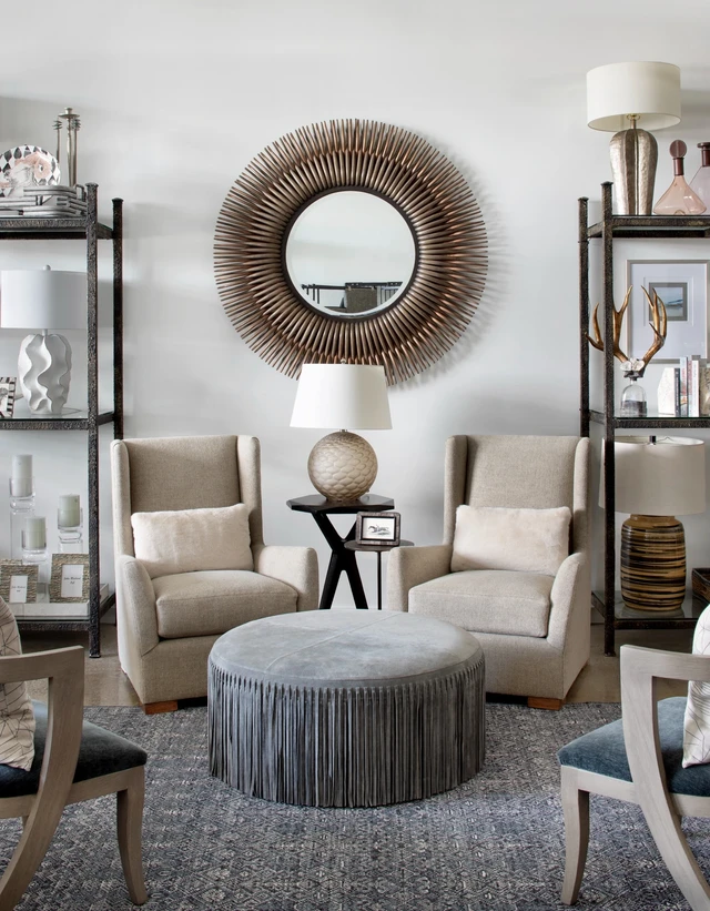 Tate Interiors Montana Interior Design Whitefish Showroom Seating Display Sunburst Mirror