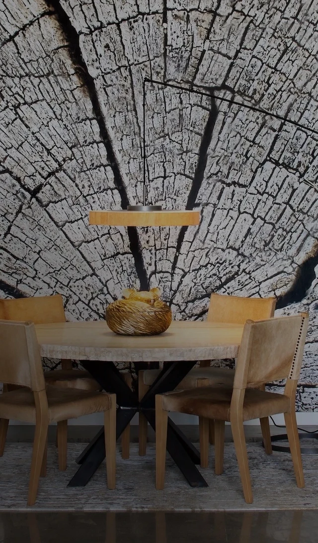 Tate Interiors Montana Interior Design Whitefish Showroom Wood Cross Section Mural Dining Display